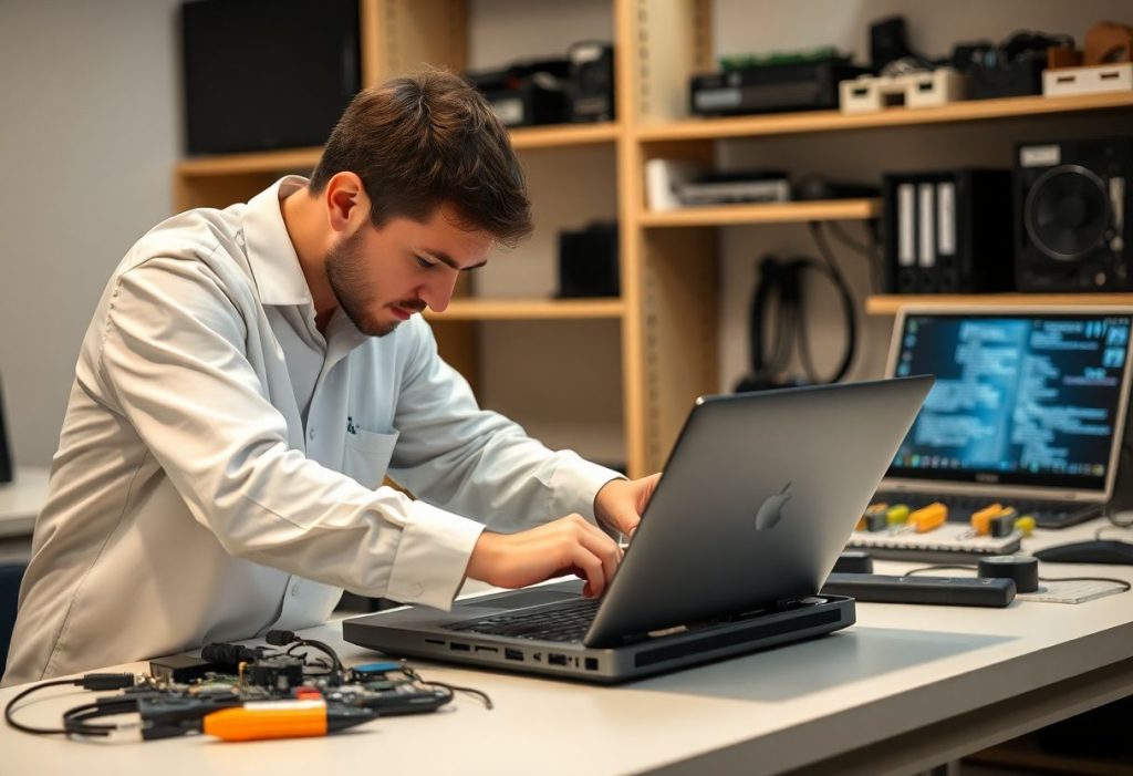 IT technician repairing a laptop, ensuring proper graphic card functionality.