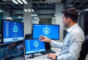 IT technician setting up cloud backup in an office