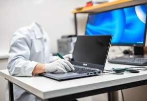 טכנאי מתקן מקלדת של מחשב נייד ASUS בעמדת עבודה מקצועית