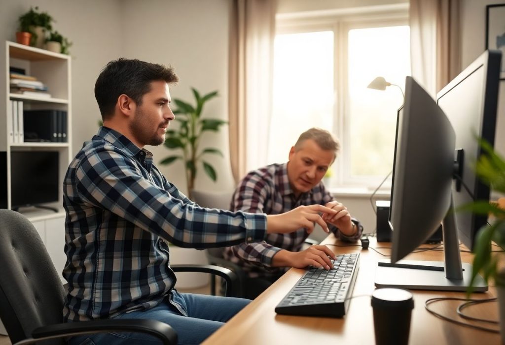 Technician repairing a computer at a client's home office