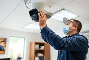 טכנאי מתקין מצלמת IP בעסק קטן
