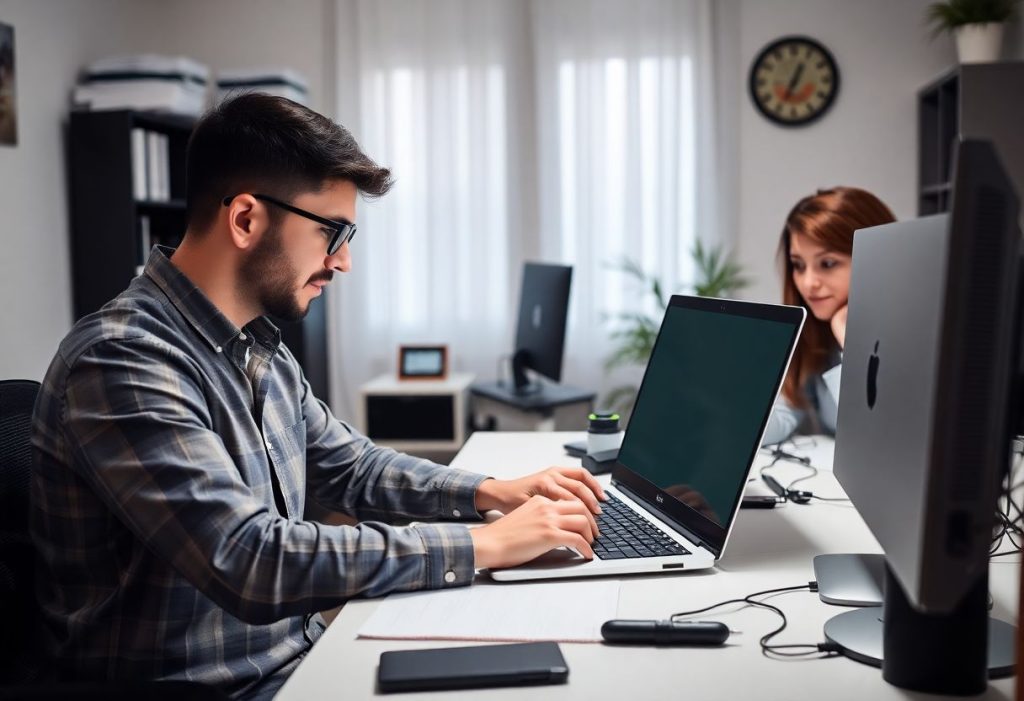 טכנאי בודק מחשב Inspiron במשרד ביתי תוך כדי הסבר ללקוחה מרוצה