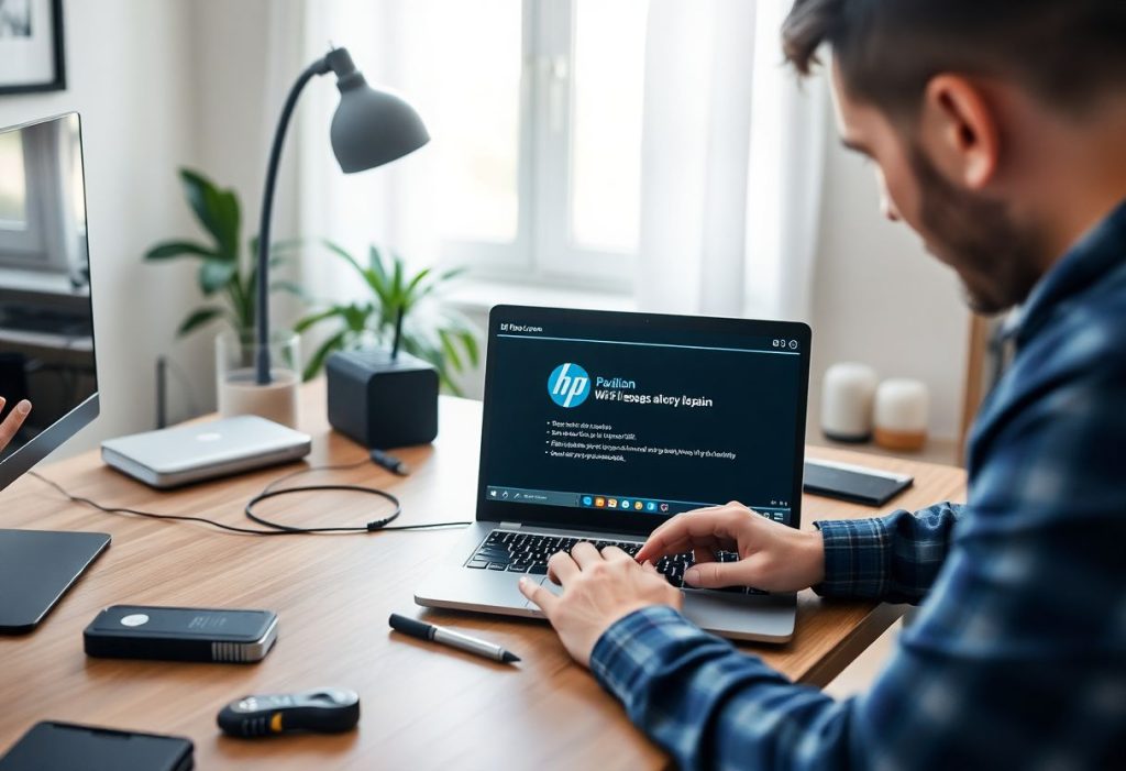 טכנאי בודק בעיית Wi-Fi במחשב נייד HP Pavilion בבית לקוח