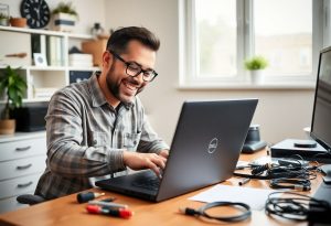 טכנאי מתקין סוללה חדשה במחשב נייד Dell Latitude בשירות ביתי