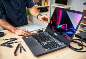 טכנאי מתקין קונקטור טעינה בלוח אם של מחשב ASUS VivoBook