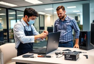 תיקון מסך למחשב ASUS TUF על שולחן עבודה, טכנאי עם ציוד מקצועי ולקוח מרוצה