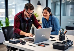 טכנאי מחשבים מתקין רכיב טעינה במחשב ASUS VivoBook אצל לקוח בעסק