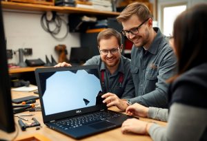 טכנאי מחשבים מחליף מסך למחשב DELL XPS במעבדה מסודרת
