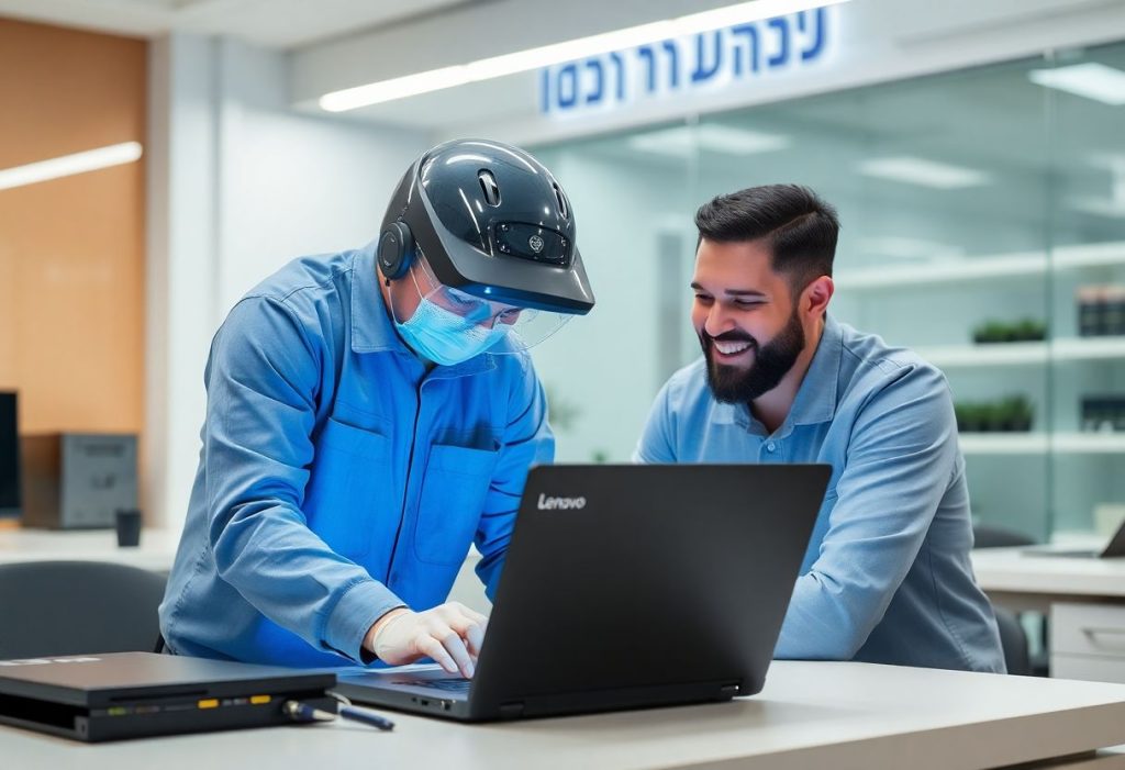 טכנאי מבצע תיקון מחשב בלנובו במעבדה ברמת גן, לקוח משקיף מהצד