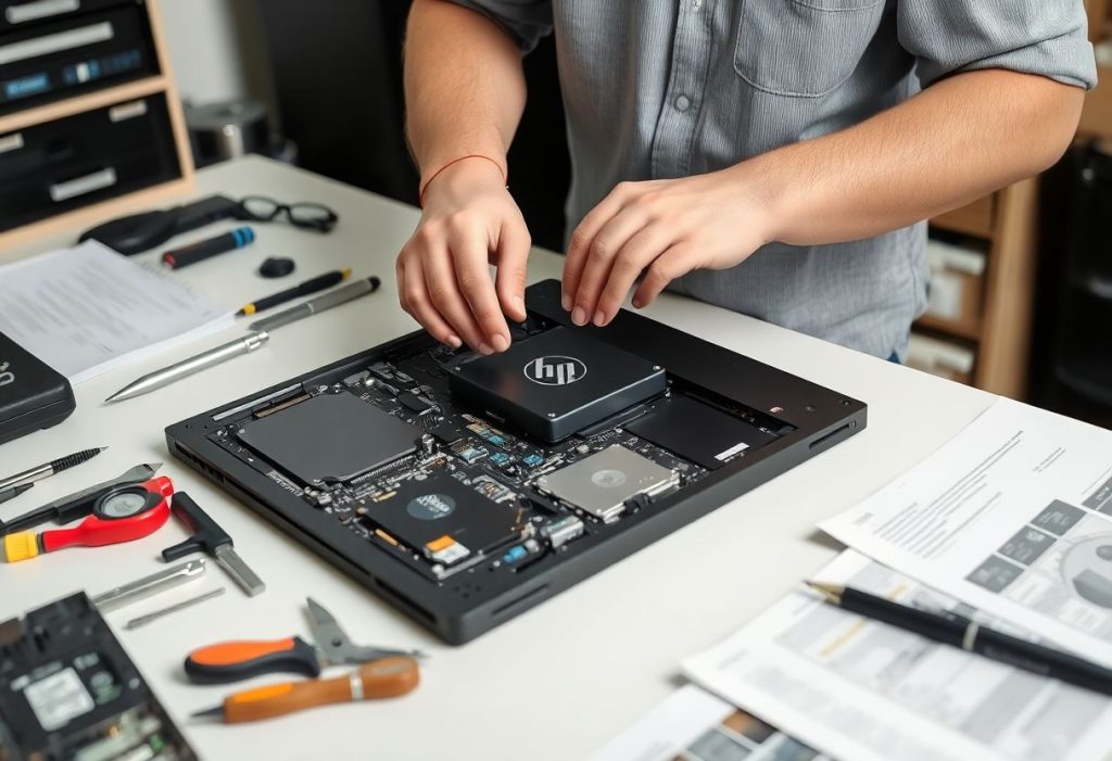 טכנאי מחליף דיסק SSD במחשב HP ProBook על שולחן עבודה מקצועי